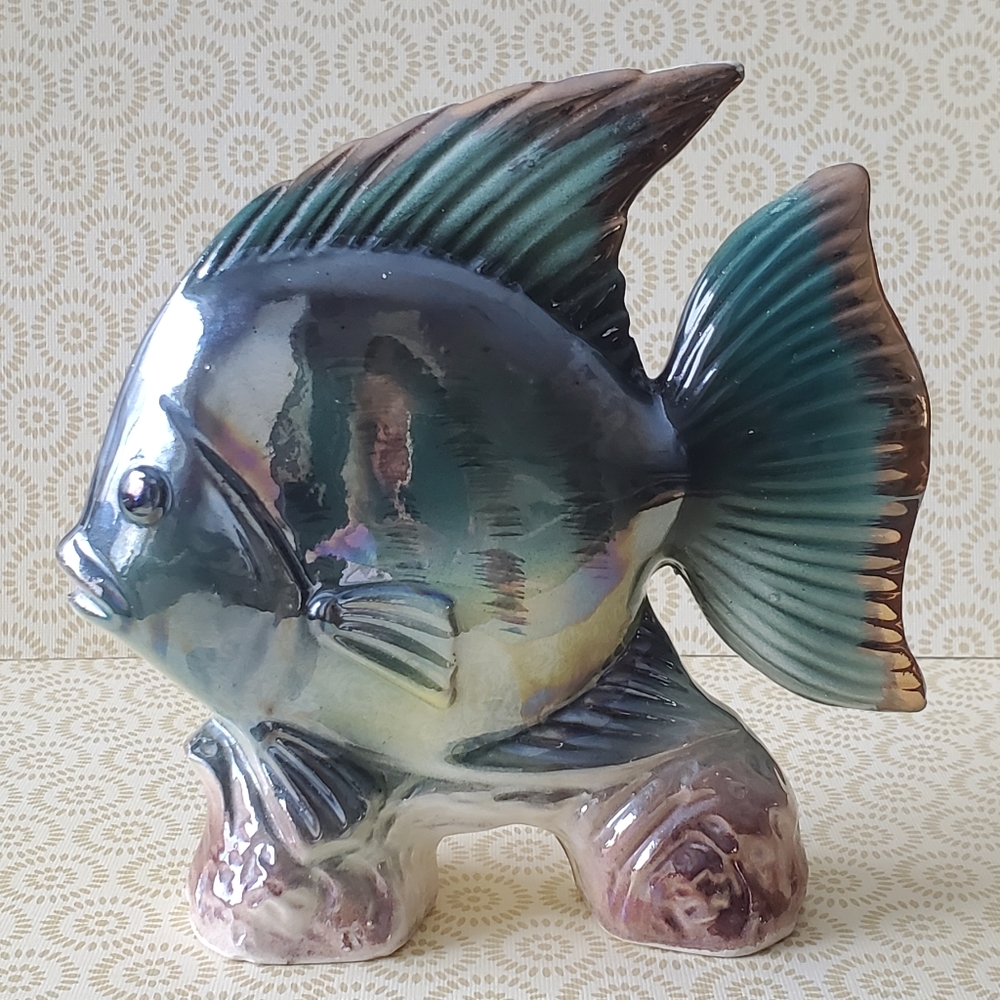Vintage MCM Ceramic Angel Fish Figurine Blue Green Iridescent